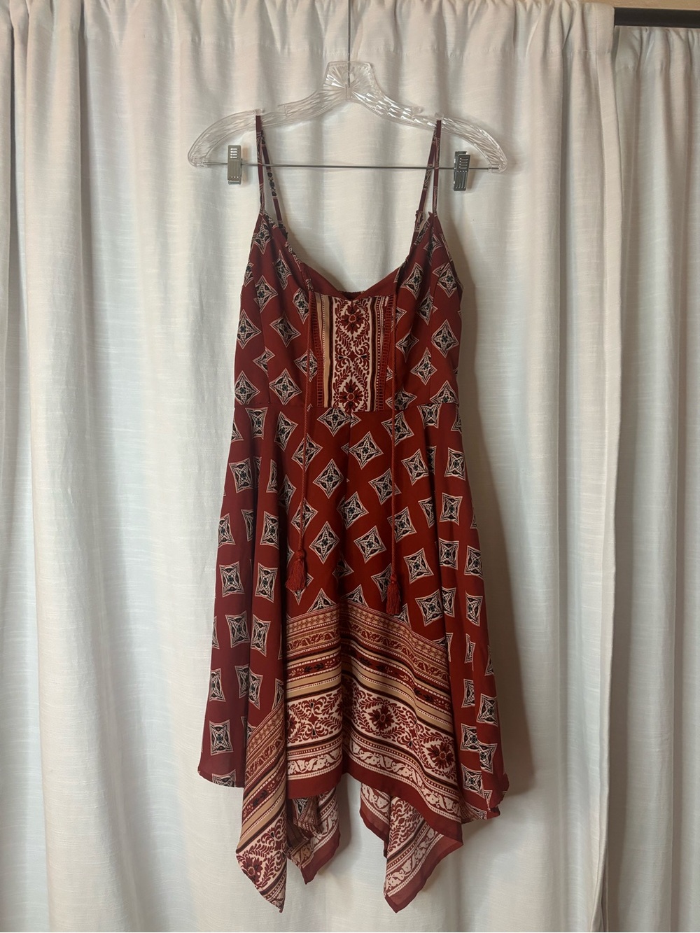 Xhilaration Rust Red Printed Asymmetrical Handkerchief Hem Dress